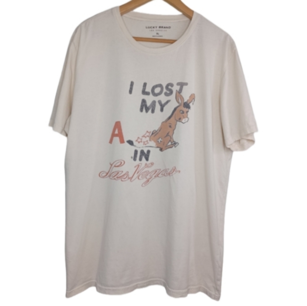 Lucky Brand Men's Cream Cotton Graphic Donkey Las Vegas Short Sleeve Shirt